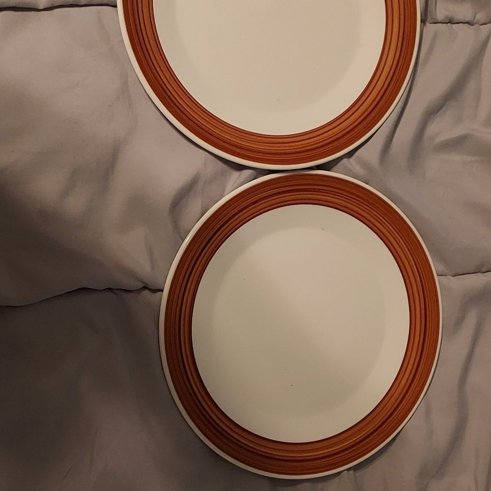 Two Walker China Dinner Plates With Light Brown Bands